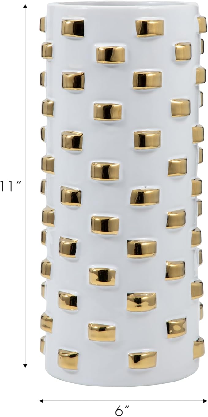 Modern Glam Stoneware Vase with Geometric Accents – Decorative Ceramic Flower Holder – Elegant Home Decor Accent for Living Room, Bedroom, Dining Room, or Office – 11", White and Gold