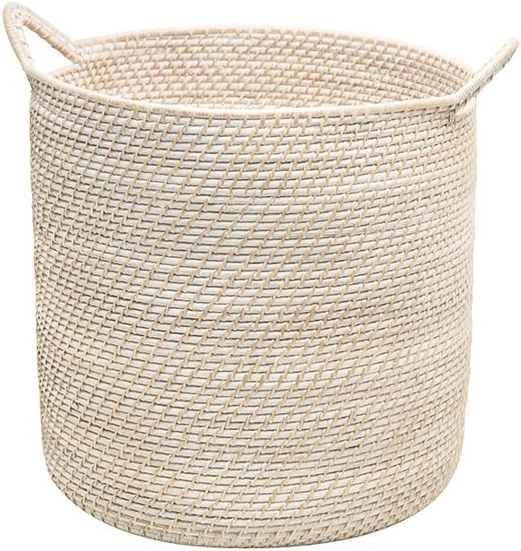 KOUBOO Laguna Round Rattan Storage Basket with Ear Handles, Wicker Blanket, Laundry Hamper, Indoor Plant Basket, Decorative Home Organizer, White Wash, Large
