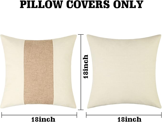 Pyonic Boho Throw Pillows 18X18 Farmhouse Decorative Throw Pillow Covers Stripe Patchwork Linen Cushion Case for Couch Living Room Bedroom Set of 2,Tan and White