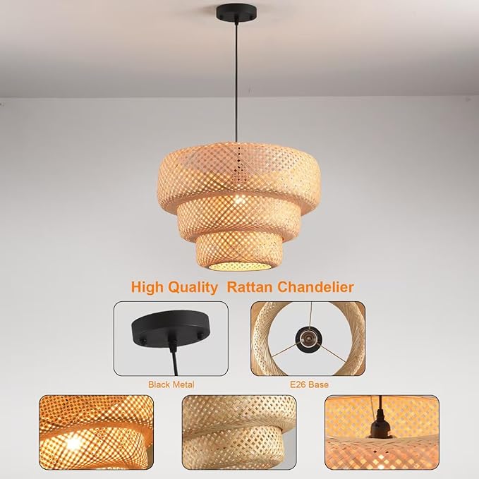 18.12 Inch Bamboo Pendant Light 3-Tier Hand Woven Rattan Pedant Light for Kitchen Dining Room Bedroom Living Room Kitchen Island Coastal Pendant Light