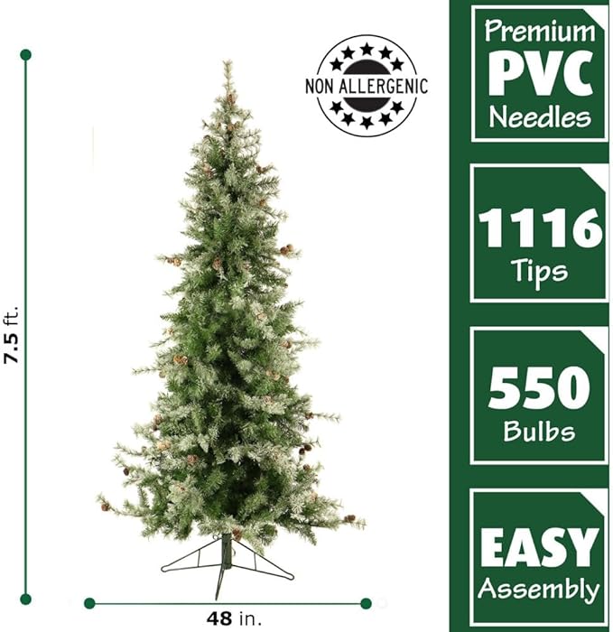 Fraser Hill Farm 7.5-Ft. Buffalo Fir Slim Artificial Christmas Tree with White Incandescent Smart Lights, Prelit Foldable Fake Tree with Realistic Snowy Foliage and Pinecones for Home Decoration