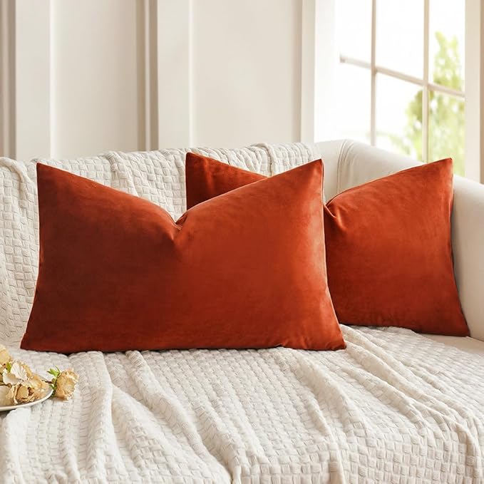 MIULEE Pack of 2 Burnt Orange Velvet Throw Pillow Covers 12x20 Inch Soft Solid Fall Decorative Set Lumbar Autumn Cushion Case Home Decor for Couch Sofa Bedroom
