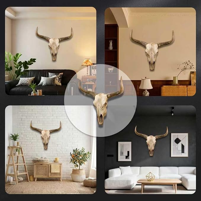 rzoizwko Cow Skull Wall Decor, Faux Longhorn Skull Wall Hanging, Bull Head Wall Sculpture, Rustic Western Farmhouse Faux Taxidermy Animal Head, Large 27"x25" Resin Steer Decoration