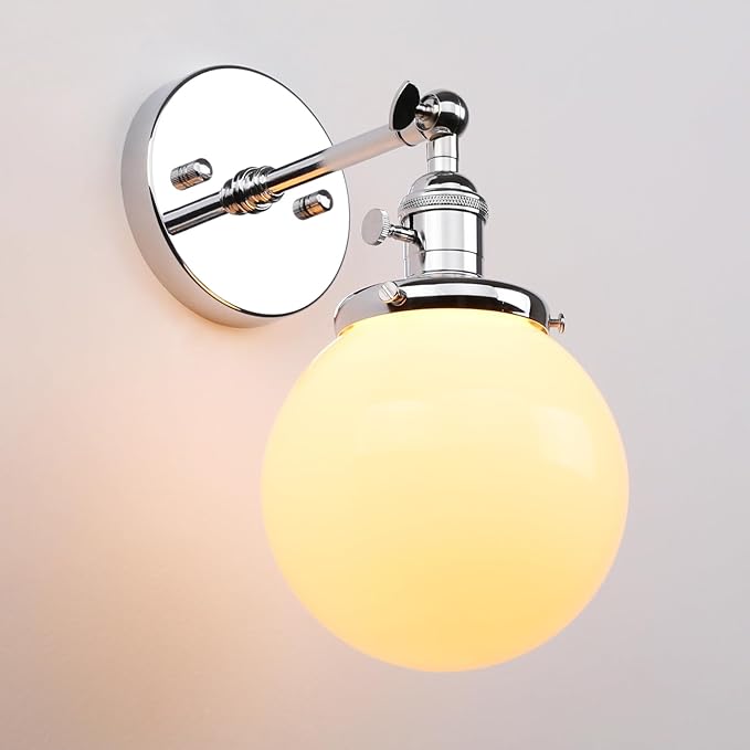 PERMO Vintage Industrial Wall Sconce Lighting Fixture with Mini 5.9" Round Globe Milk White Glass Hand Blown Shade Chrome Sconce