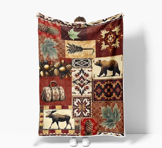 Rustic Cabin Throw Blankets, Farmhouse Country Vintage Bear Moose Wood Cozy Warm Bed Couch Blanket, Hunting Camping Forest White Fleece Flannel Throws to Decorate The Room and Bedroom