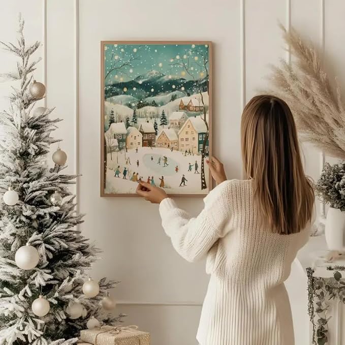 OZCONO Christmas Village Wall Art for Holiday Home Decor, Farmhouse Art, Pastel Winter Landscape Artwork, Snowy Town Scene, Cottagecore Xmas Print (Unframed) (16x24)