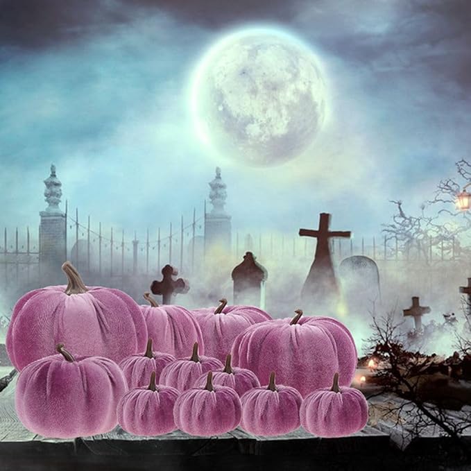 12Pcs Thanksgiving Velvet Fake Pumpkins Artificial Halloween Handmade Fall Harvest Centerpiece Decoration for Home Kitchen Farmhouse Purple
