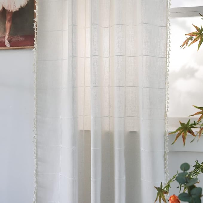 Sutuo Home Boho Curtain for Bedroom 96 Inch Length, Light Filtering Country Farmhouse Vintage Chic Tassels Window Treatment Bohemian Grid Drape for Decor 1 Panel 52" W x 96" L, Cream White Plaids