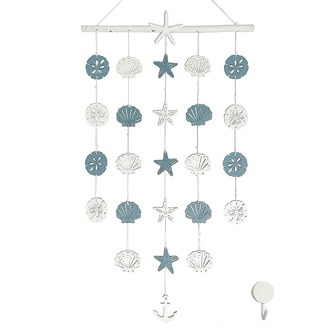 Beach Wall Hanging Decor–Starfish Seashell Coastal Wall Art with Sea Shell Anchor Bathroom Decoration, Boho Nautical Farmhouse Rustic Wood Home Decor for Porch, Bedroom, Living Room 28"x16"