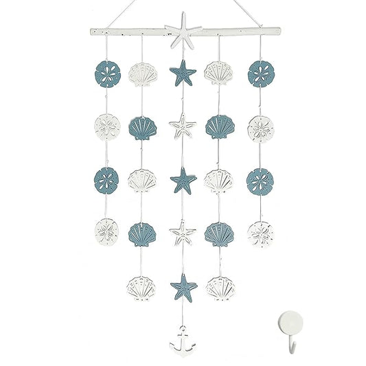 Beach Wall Hanging Decor–Starfish Seashell Coastal Wall Art with Sea Shell Anchor Bathroom Decoration, Boho Nautical Farmhouse Rustic Wood Home Decor for Porch, Bedroom, Living Room 28"x16"