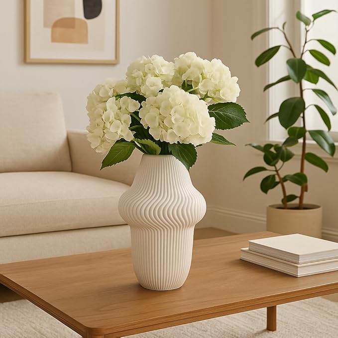 Texture Ceramic Vase for House Decor - 3D Printed Design, Perfect as a Flower Vase for Bedroom, Table, and Office Display - Modern Sculpted Home Accent for Room and Living Room Decor Ivory (14 Inch)