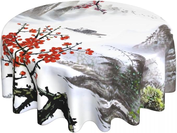 Chinese Landscape Tablecloth, Traditioanal Cherry Blossom Japanese Oriental Vintage Eastern Water Resisitant Wipeable Table Cover for Dining Kitchen Living Room Home Party Holiday Decor 70 inch Round