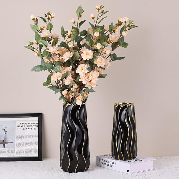 9.5" Black Ceramic Vase - Minimalist Black and Gold Flower Vase, Large Pampas Grass Vase, Boho Decorative Centerpiece Vase for Home Decor, Wedding, Housewarming, Table, Shelf, Mantel, and Entryway