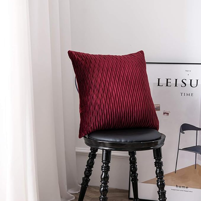 Burgundy Throw Pillow Covers: 2 Pack 24x24 Inch Original Striped Velvet Square Decorative Pillow Cases for Farmhouse Couch