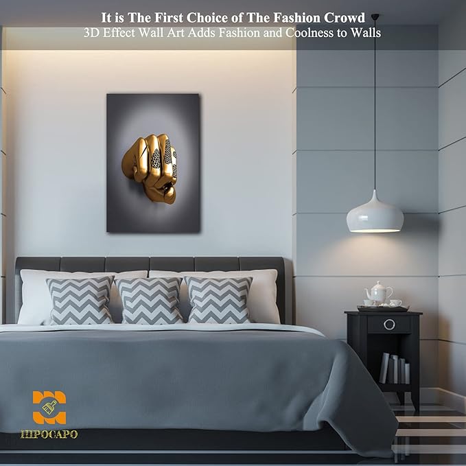 3D Wall Art - Abstract 3D Metal Effect Canvas Wall Art, 3D Modern Wall Art for Office, Golden Boxer Gesture 3D Art Wall Decor for Modern Bedroom Decor Framed 12”x18”x1Pcs