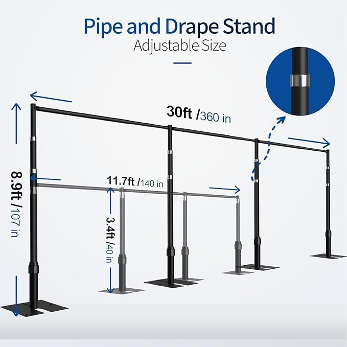 Pipe and Drape Backdrop Stand, 8.9x30ft Heavy Duty Adjustable Background Frame with Metal Base, Back Drop Holder for Parties Photography Wedding Photoshoot Decoration - Black