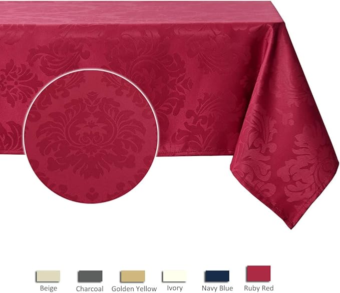 maxmill Square Table Cloth Damask Design Water Proof Wrinkle Free Heavy Weight Soft Tablecloth Decorative Fabric Table Cover for Outdoor and Indoor Use Square 60 x 60 Inch Ruby Red