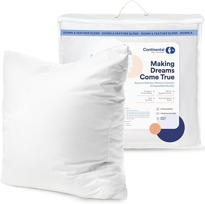 Continental Bedding | 50/50 Down and Feather Blend Throw Pillow Insert | 100% Cotton 250TC Shell | Medium Loft Decorative Cushion | 16x16 | 1 Pack