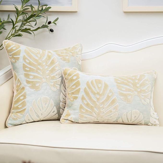 Alerfa 12 x 20 Inch Rectangle Leaf Pillow Embroidery Cut Velvet Cushion Case Luxury Modern Lumbar Throw Pillow Cover Decorative Pillow for Couch Sofa Living Room Bedroom Car, Beige