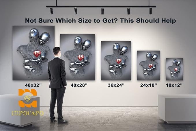 HIPOCAPO 3D Metal Effect Wall Art - Love Heart Canvas Art, Silver Modern Abstract Hug Lovers Painting Picture Poster Prints for Bathroom, Romantic Couple Living Room Framed12''x18''x1Pcs 3d Art-11
