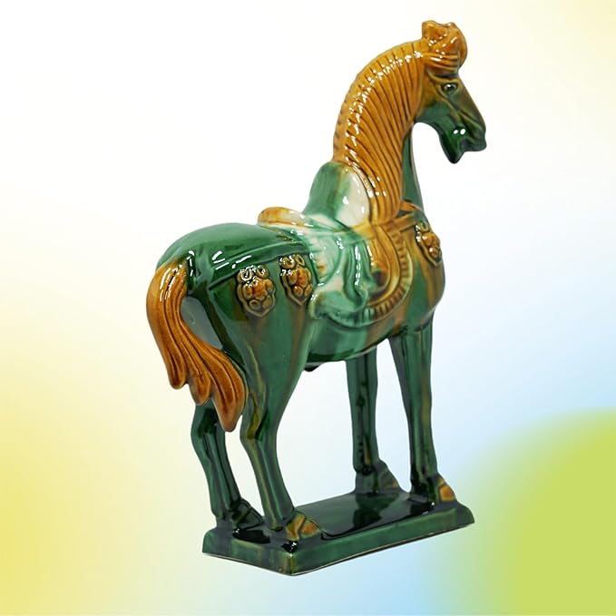 Handmade -Tang Dynasty Tri-Color Horse Sculpture Wemings Ceramic Horse-19cm Cultural Art Piece for Home,Bookcase or Office Decor (Green)
