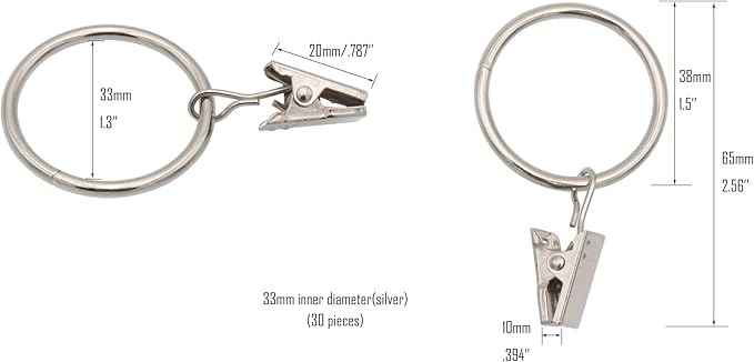LBY 30 Pack Curtain Rings with Clips, 33mm(1.3'') Interior Diameter Metal Curtain Rings, for Hanging Drapery Drapes Bows, Silver
