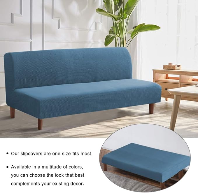 Flamingo P Stretch Armless Futon Covers Full Queen Futon Couch Covers Slipcover Futon Sofa Cover Futon Bed Cover Furniture Protector Covers with Elastic Bottom, Checked Pattern Jacquard, Dusty Blue