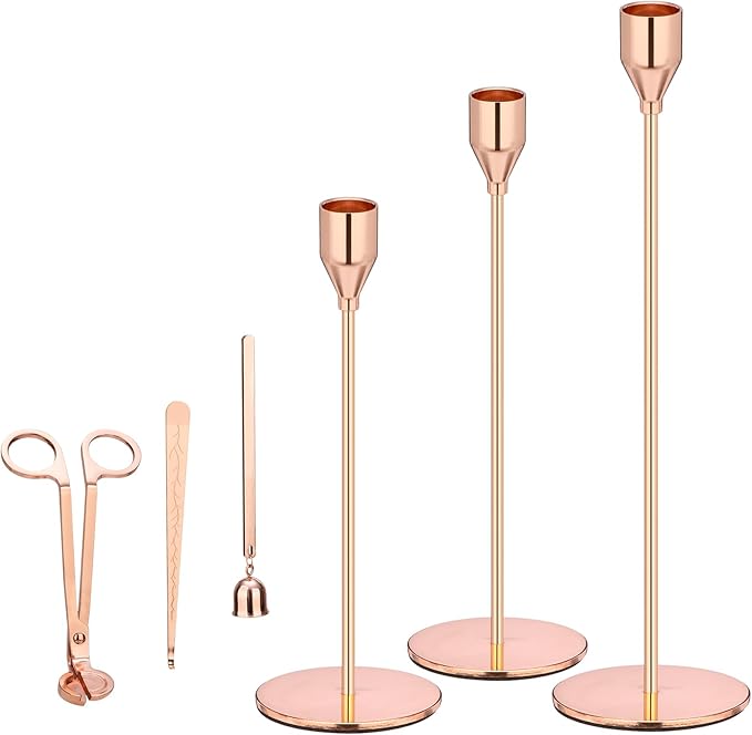 Rose Gold Taper Candle Holders, Candlestick Holders, Candle Holders with 3 in 1 Candle Accessory Set, Metal Candle Stand for Mantle Table Centerpiece, Weddings, Dining, Housewarming(Set of 6)