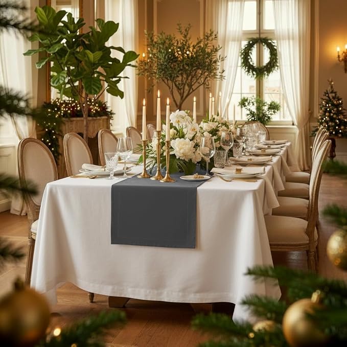 D'Moksha Homes Linen Table Runner 60 Inches - 100% Pure Linen Charcoal Grey Table Runner 14 x 60 Inch for Coffee Tables, Dresser, Fall, Thanksgiving, Holiday - Machine Washable