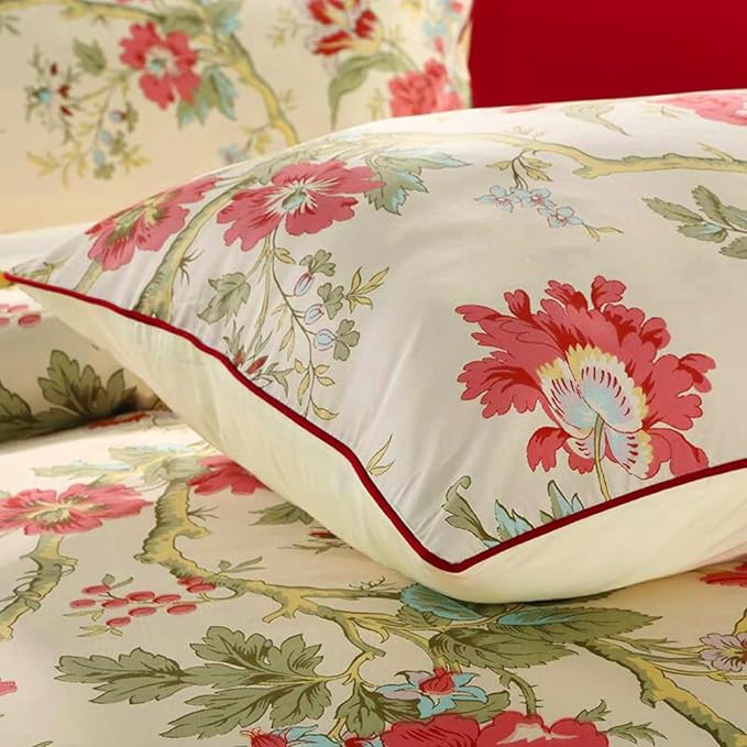 mixinni Red Floral Duvet Cover Queen Green Leaves Pattern Bedding Duvet Cover Set with Zipper Closure 4 Corner Ties for Him and Her-(3pcs, Queen Size)