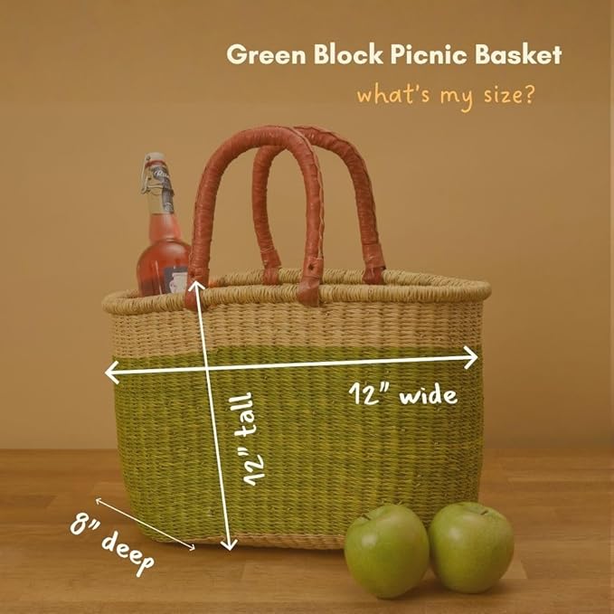 Green Block Picnic Basket, Reusable Grocery Bag, Farmers Market Tote, Shopping, Fruit Picking, Harvesting, Foraging, Kitchen Countertop, Decorative, Wicker, Woven