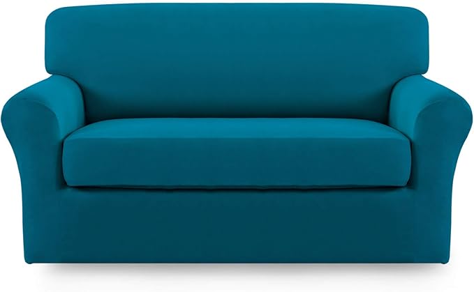 Easy-Going 2 Pieces Microfiber Stretch Sofa Slipcover – Spandex Soft Fitted Sofa Couch Cover, Washable Furniture Protector with Elastic Bottom Kids, Pet (Loveseat, Peacock Blue)