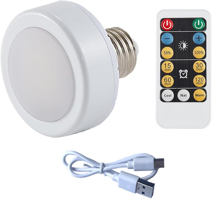 E26 Battery Operated Light Bulb for Lamps, Screw in LED Puck Lights with Remote, Replacement AA Battery Powered Dimmable Timer Light Bulb with USB Cable for Non Electric Wall Sconce,1 Pack