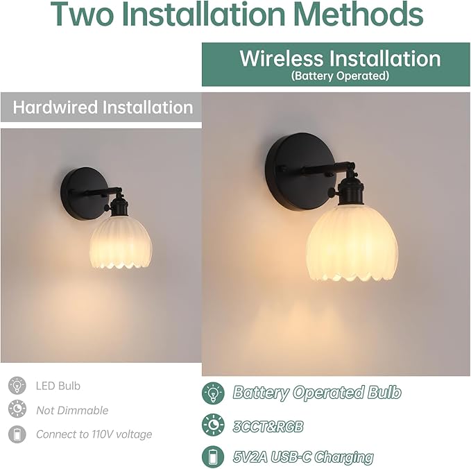 Vintage Battery Operated Wall Sconce with White Tulip Glass Lampshade Rechargeable Battery Powered Black Wall Light with Remote Control for Bedside Bedroom Doorway, Set of 2