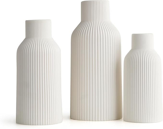 AWNR White Ceramic Vase Decor: Set of 3 Minimalist Vase for Flowers Modern Home Decor for Living Room Kitchen Centerpiece Table Decorations Flower Vases for Bouquet