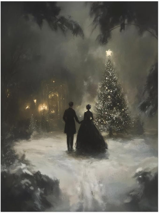 Victorian Christmas Tree Art Prints,Romantic Winter Couple,Moody Christmas Print,Dark Holidays Cottagecore Decor