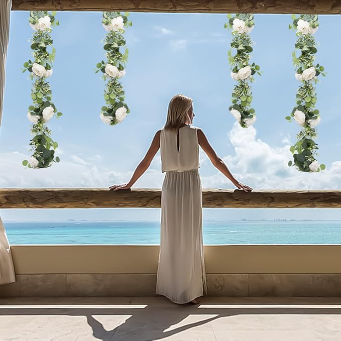 6Pcs x 6Ft Eucalyptus Garland with Flowers, Faux Greenery Garland Vines, Artificial Flower Garlands for Wedding Table Backdrop Arch Wall Party Ceremony Decorations