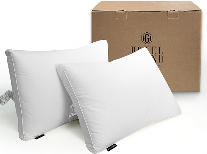 Hotel Grand Goose Feather Down Fiber Pillows Queen Size Set of 2, 100% Cotton Cover Hotel Collection Gusseted Bed Pillows for Back, Stomach or Side Sleepers, White
