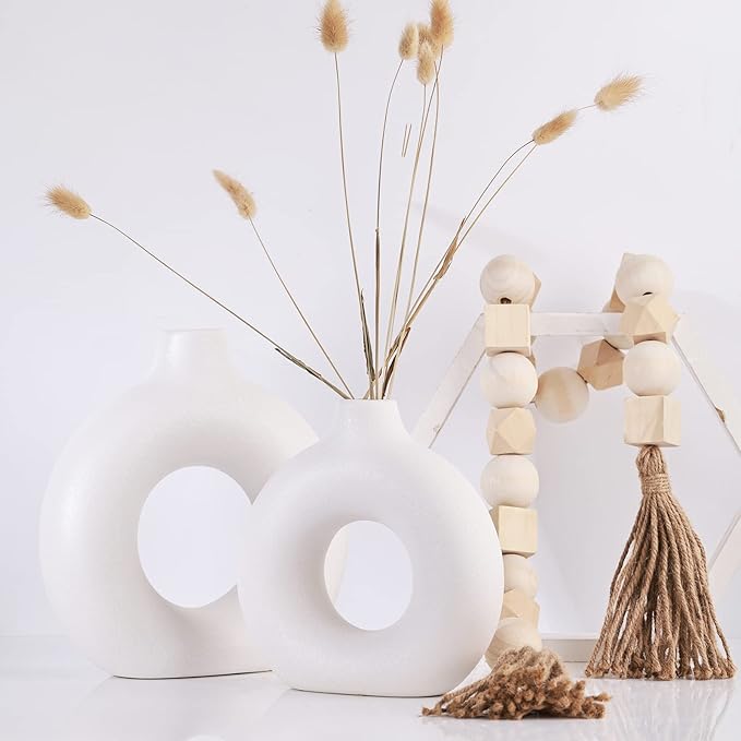 White Ceramics Vase for Home Decor,Minimalist Nordic Hollow Donut Vase Set of 2,Modern Boho Decor for Kitchen Table Centerpiece,Living Room,Fire Place,Bookshelf,Office,Entryway,Console