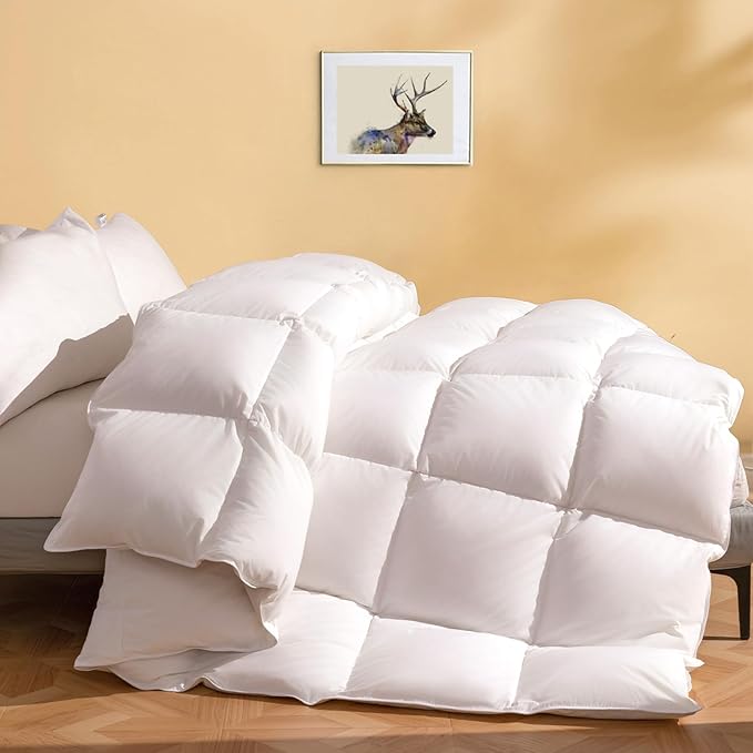 DWR Luxury Feather Down Fiber Comforter King Size, Ultra-Soft Egyptian Cotton-Blend Fabric, High FP Heavy Weight for Cold Sleepers/Cold Weather Hotel Style Duvet Insert with Ties (106"x90", White)