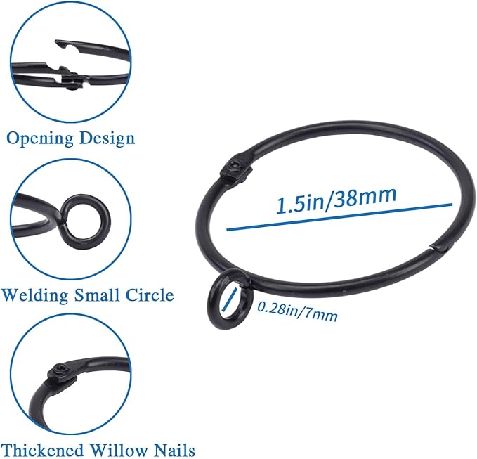 Openable Curtain Rings with Eyelet,24PCS Black Curtain Rings,Drapes Rings 1.5 in Interior Diameter,Hinge Snap-Joint Design, Fits Curtain Rods Up to 1.25 Inches TXZWJZ