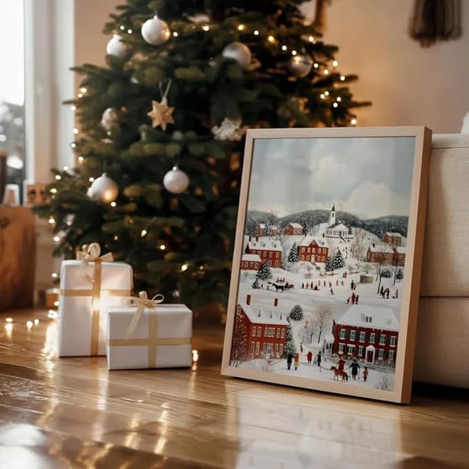 OZCONO Vintage Christmas Village Wall Art for Holiday Farmhouse Decor, Cozy Winter Town Scene Artwork, Classic Snowy Christmas Decoration, Noel Seasonal Print (Unframed) (12x18)