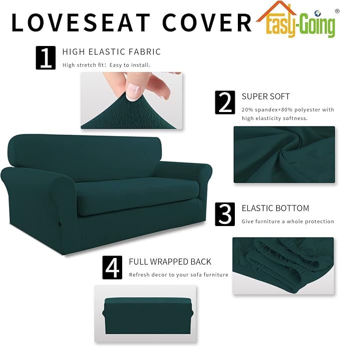 Easy-Going 2 Pieces Microfiber Stretch Sofa Slipcover – Spandex Soft Fitted Sofa Couch Cover, Washable Furniture Protector with Elastic Bottom Kids, Pet (Loveseat, Deep Teal)
