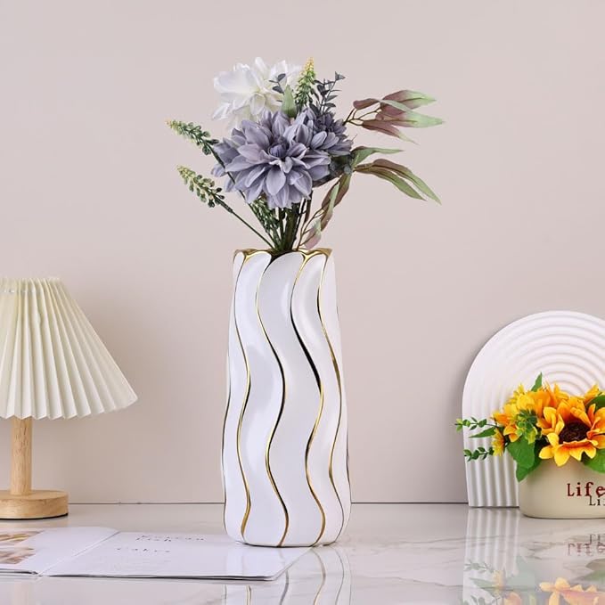 7.5" White Ceramic Vase - Minimalist White and Gold Flower Vase, Small Pampas Grass Vase, Boho Decorative Centerpiece Vase for Home Decor, Table, Shelf, Mantel, and Entryway