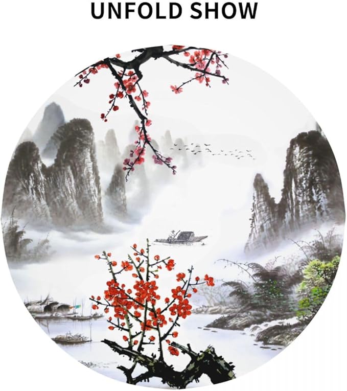 Chinese Landscape Tablecloth, Traditioanal Cherry Blossom Japanese Oriental Vintage Eastern Water Resisitant Wipeable Table Cover for Dining Kitchen Living Room Home Party Holiday Decor 70 inch Round
