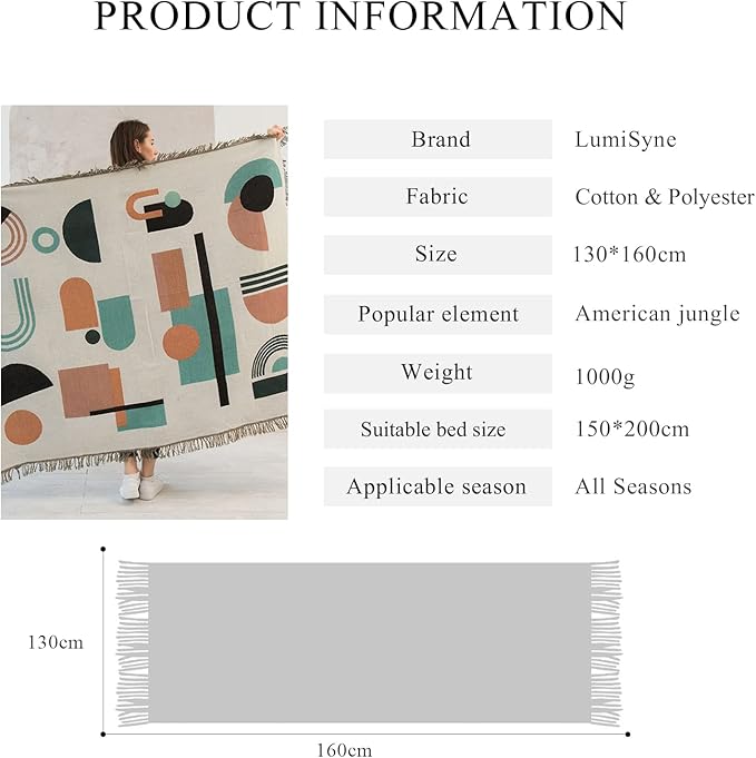 Double-Sided Cotton Woven Throw Blanket with Tassel Jungle Bohemian Style Tapestry Shawl Multi-Function Decorative Throws for Sofa Bed Armchair Camping Blanket Tablecloth Carpet 160x130cm