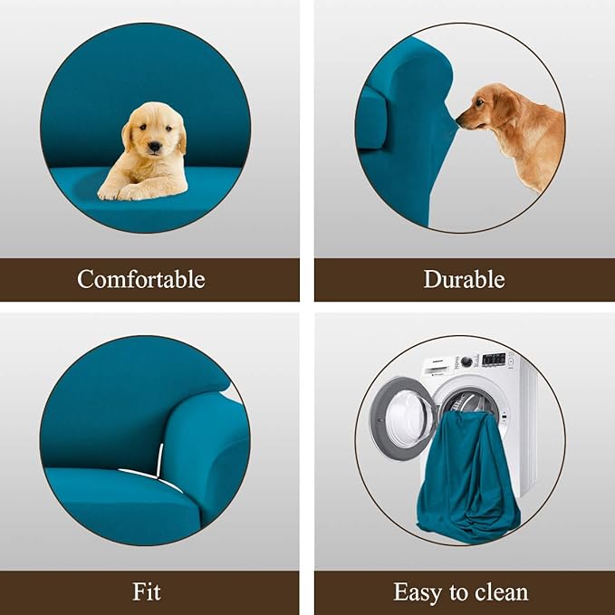 Easy-Going 2 Pieces Fleece Stretch Chair Sofa Slipcover Washable Sofa Couch Cover, Spandex Soft Fitted Furniture Protector, Kids, Pet, Dog (Chair, Peacock Blue)