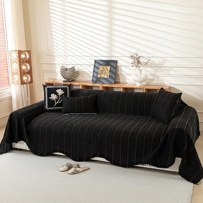 ROOMLIFE Black Sofa Cover, Vintage Boho Couch Cover for 3 Cushion Sofa, Non Slip Soft Chenille Sofa Slipcovers for Dog, Washable Furniture Sofa Protector Cover with Tassel for Living Room, 71''X150”