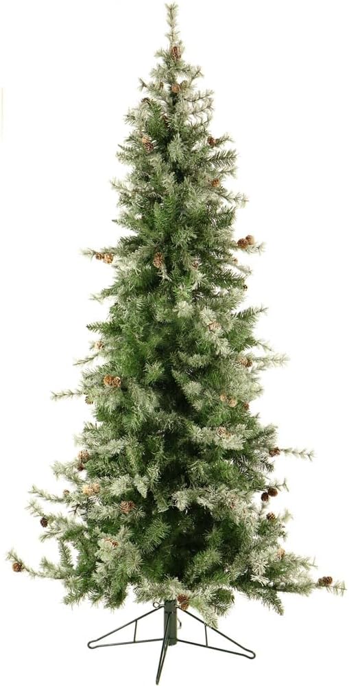Fraser Hill Farm 9-Ft. Buffalo Fir Green Slim Artificial Christmas Tree with No Lights, Unlit Foldable Fake Tree with Realistic Snowy Foliage and Pinecones for Home Decoration