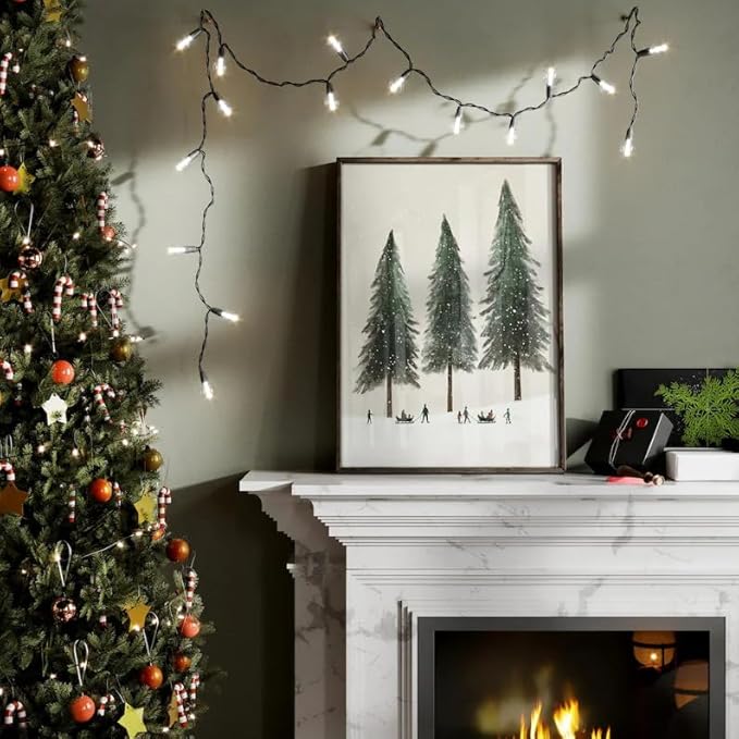 OZCONO Minimalist Winter Wall Art, Whimsy Forest Scene for Holiday Home Decor, Beige Tone Christmas Wall Decor, Neutral Snowy Tree Noel Art (Unframed) (27x40)